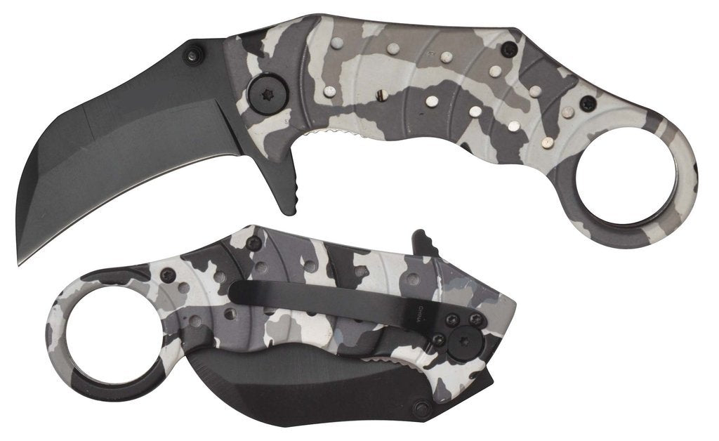 Tactical karambit knife with finger ring, gray camo handle, black blade, folding blade, EDC knife.