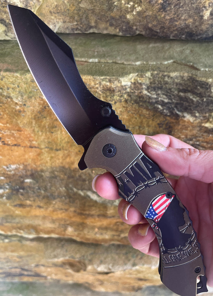 Prisoner of War POW MIA American Flag Combat Spring Assisted Knife - Olive SJ-1023-PM-C - AnyTime Blades