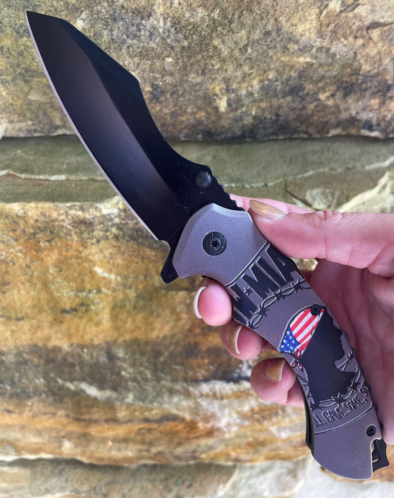 Prisoner of War POW MIA American Flag Combat Spring Assisted Knife - Grey SJ-1023-PM-B - AnyTime Blades