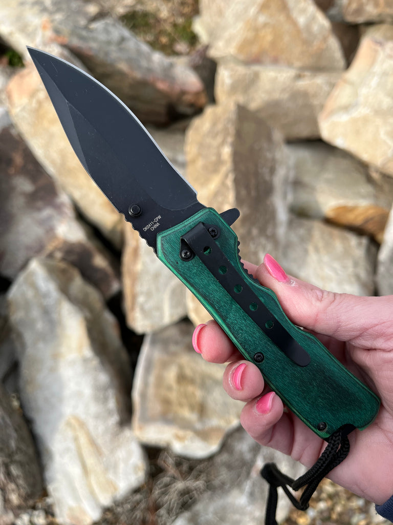 7.5" Assisted Open Tactical Pocket Knife Green Rose Wood Handle and Black Blade - AnyTime Blades