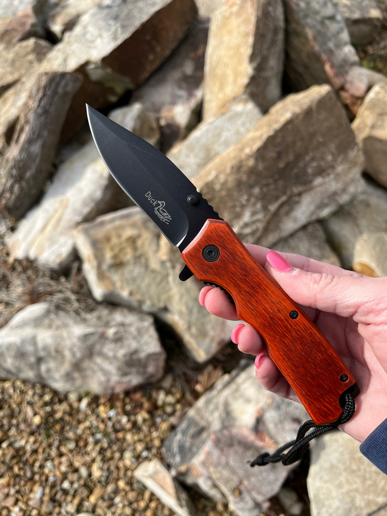7.5" Assisted Open Tactical Pocket Knife Red Rosewood Handle and Black Blade - AnyTime Blades