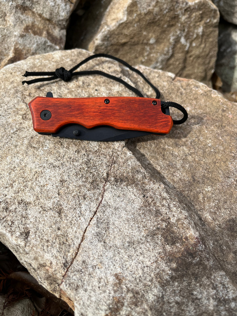 7.5" Assisted Open Tactical Pocket Knife Red Rosewood Handle and Black Blade - AnyTime Blades