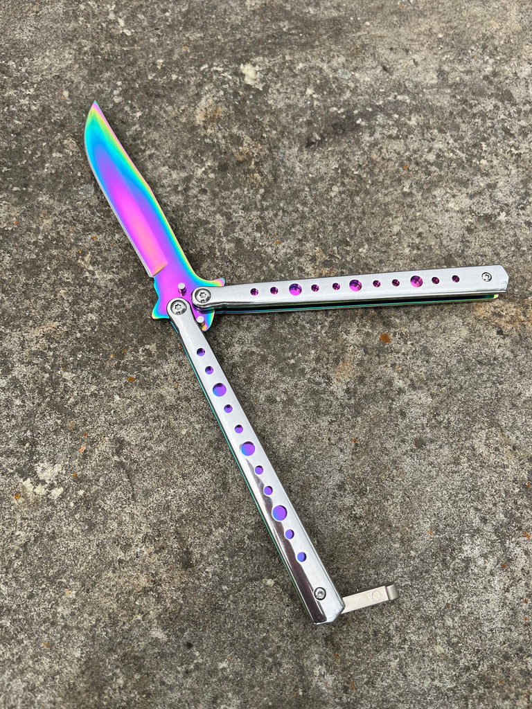 Heavy Duty Balisong Butterfly Knife- Limited Edition Rainbow Blade - AnyTime Blades