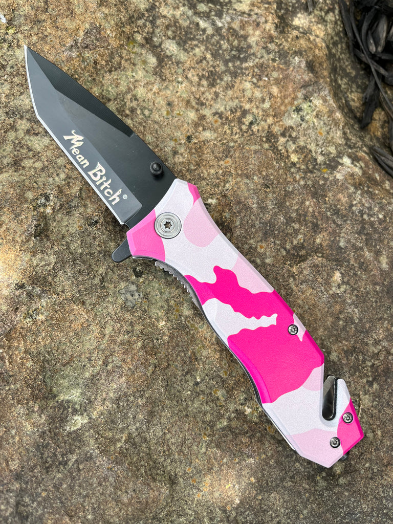 8 inch Pink Camo Mean Bitch Assisted Opening Rescue Knife with Tanto Blade - AnyTime Blades