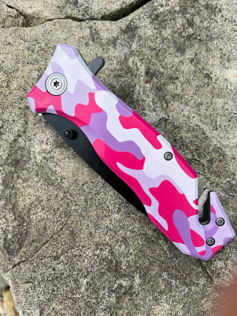 8 inch Pink and Purple Camo Mean Bitch Assisted Opening Rescue Knife with Tanto Blade - AnyTime Blades