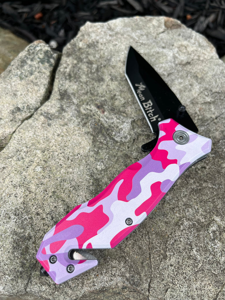 8 inch Pink and Purple Camo Mean Bitch Assisted Opening Rescue Knife with Tanto Blade - AnyTime Blades
