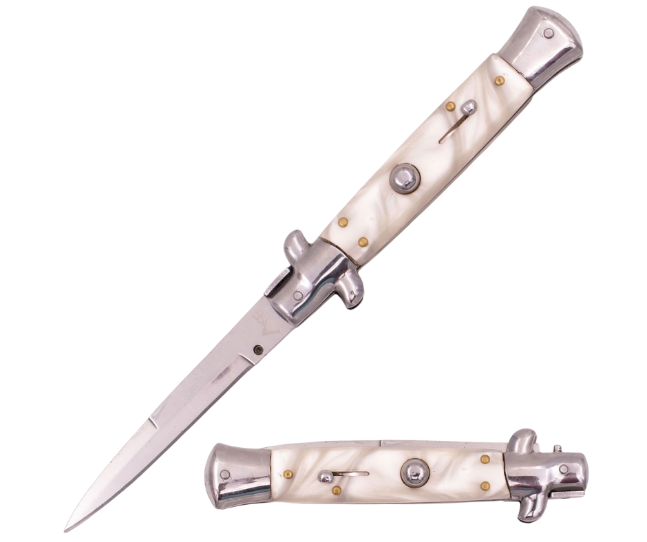 8.65 inch Automatic Stiletto Switchblade White Pearl - AnyTime Blades