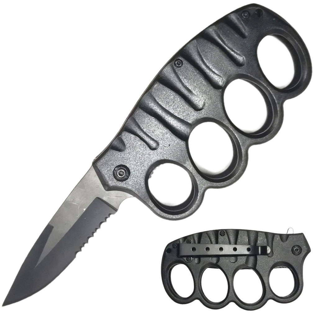8" Spring Assisted Open Folding Trench Knife - Black - AnyTime Blades