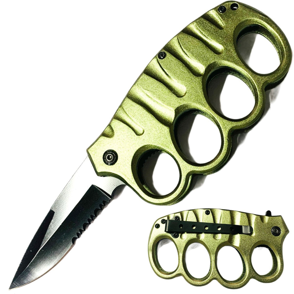 8" Spring Assisted Open Folding Trench Knife - Green - AnyTime Blades