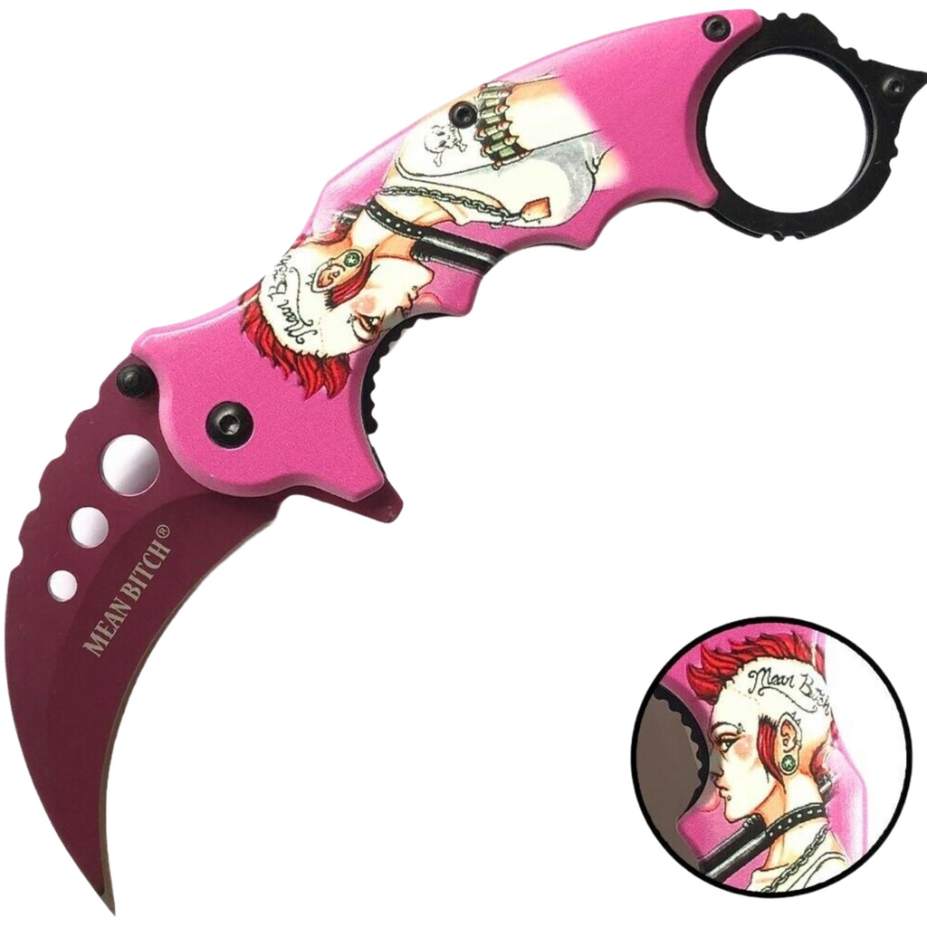 7" Pink Spring Assisted Opening Mean Bitch KARAMBIT Tactical Pocket Knife EDC - AnyTime Blades