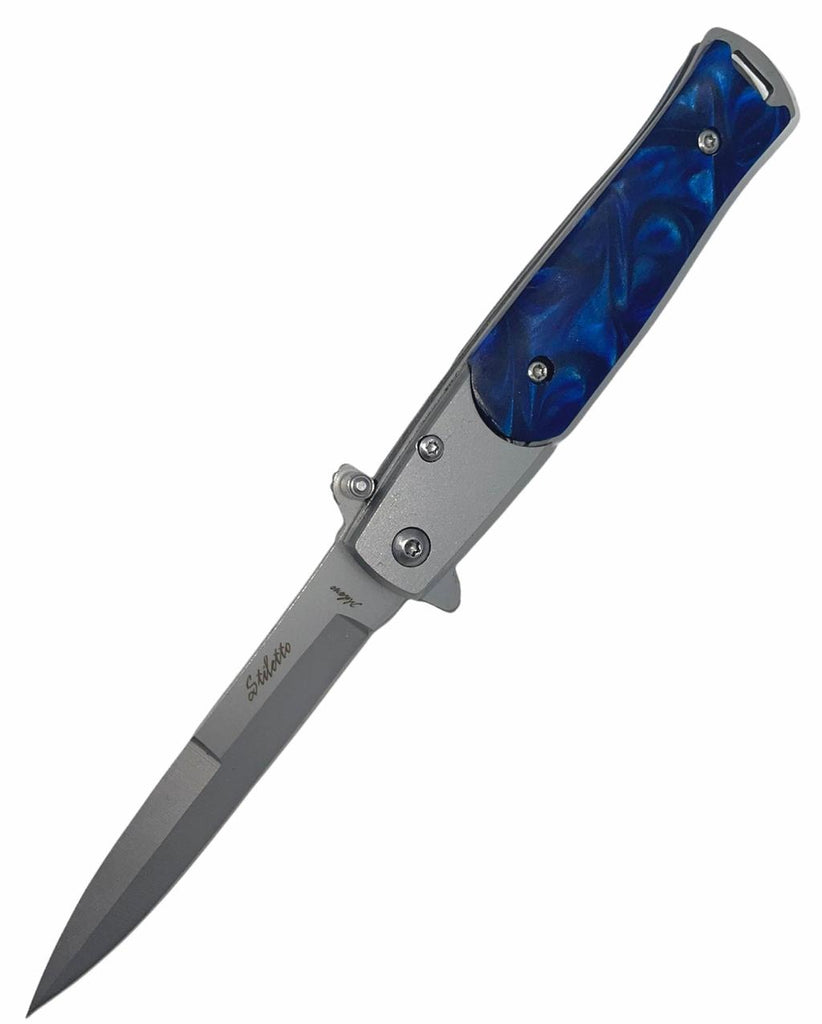 7.25 inch Blue Pearl Italian Milano Spring Assisted Open Pocket Knife - AnyTime Blades