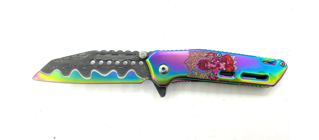 Rainbow Etched Damascus Spring Assisted Gold Plated Hilt Pen Blade Pocket Knife - AnyTime Blades