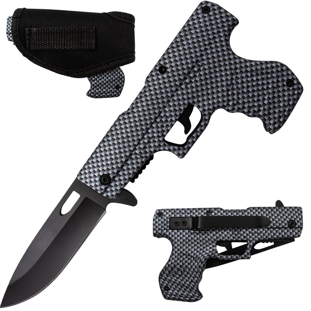 8" Tactical Assisted Spring HAND GUN PISTOL Folding Pocket Knife Carbon Fiber - AnyTime Blades