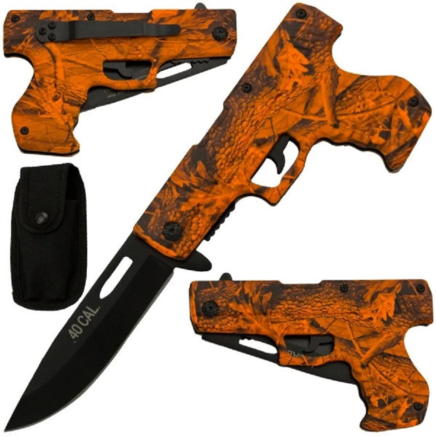 8" Spring Assisted Open HAND GUN PISTOL Folding Pocket Knife Orange Camo - AnyTime Blades