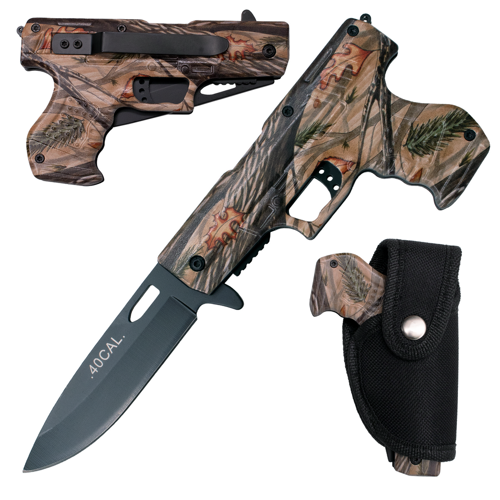 8" Spring Assisted Open HAND GUN PISTOL Folding Pocket Knife - Camo - AnyTime Blades
