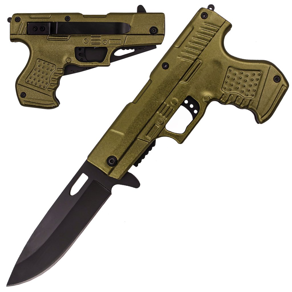 8.75" Spring Assisted Gun Pistol Knife - Olive Drab - AnyTime Blades