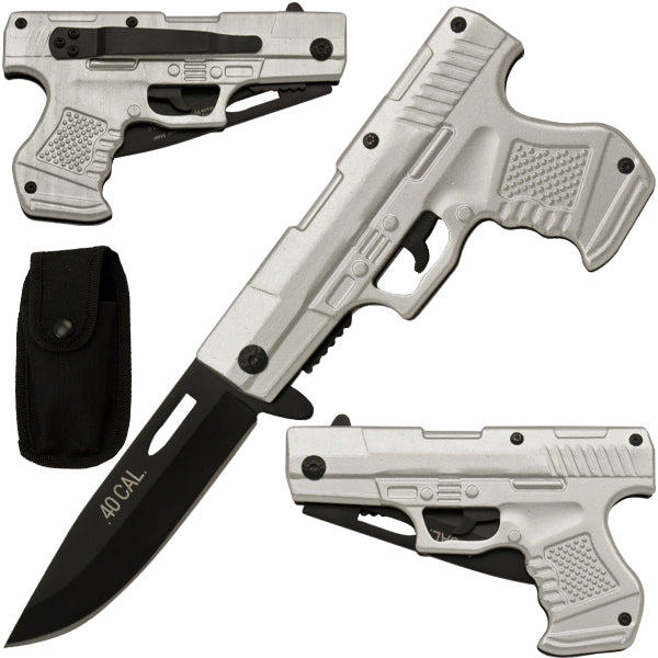 8" Spring Assisted Open HAND GUN PISTOL Folding Pocket Knife Silver - AnyTime Blades