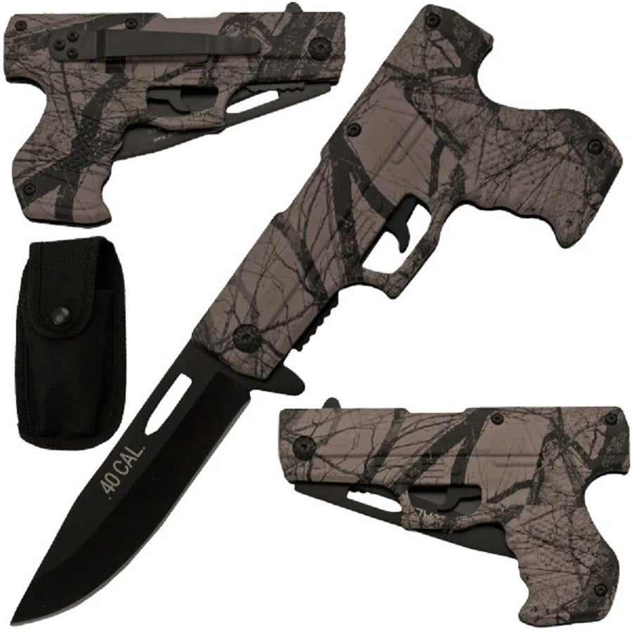 8" Spring Assisted Open HAND GUN PISTOL Folding Pocket Knife Gray Camo - AnyTime Blades