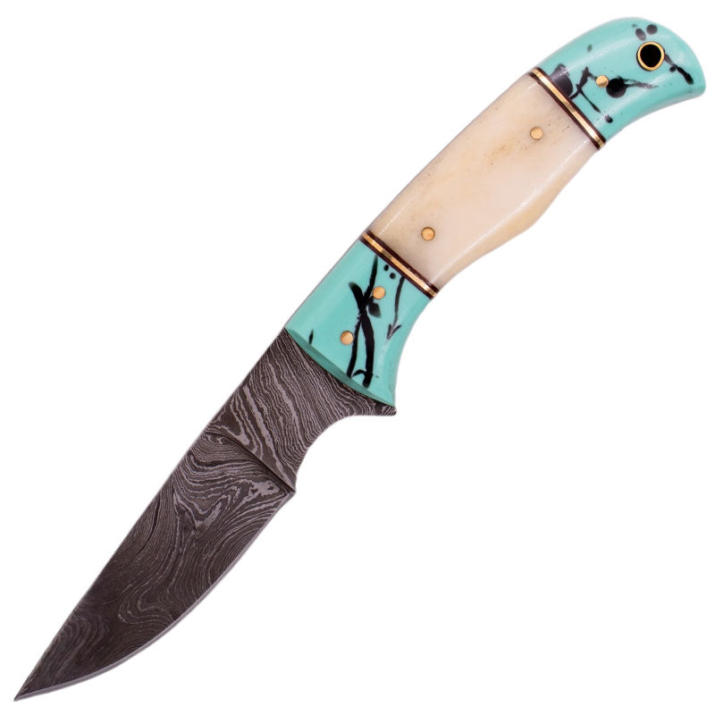 9" Full Tang Drop Point Damascus Hunting Knife Turquoise and Ivory Handle - AnyTime Blades
