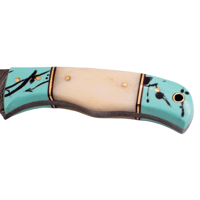 9" Full Tang Drop Point Damascus Hunting Knife Turquoise and Ivory Handle - AnyTime Blades