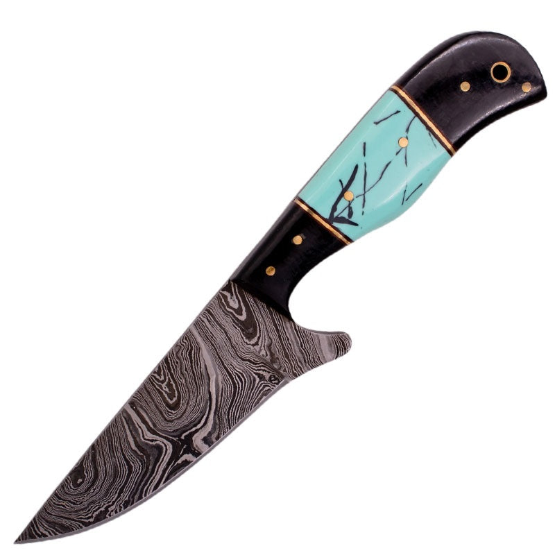 9" Full Tang Damascus Hunting Knife Turquoise and Black Bone Handle - AnyTime Blades
