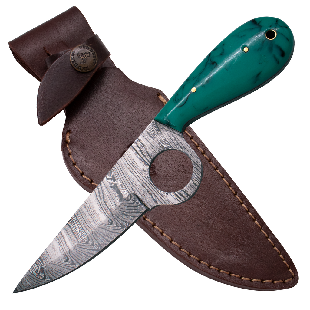 9'' FULL TANG REAL DAMASCUS HUNTING KNIFE RESIN AND MICARTA HANDLE TURQUOISE - AnyTime Blades