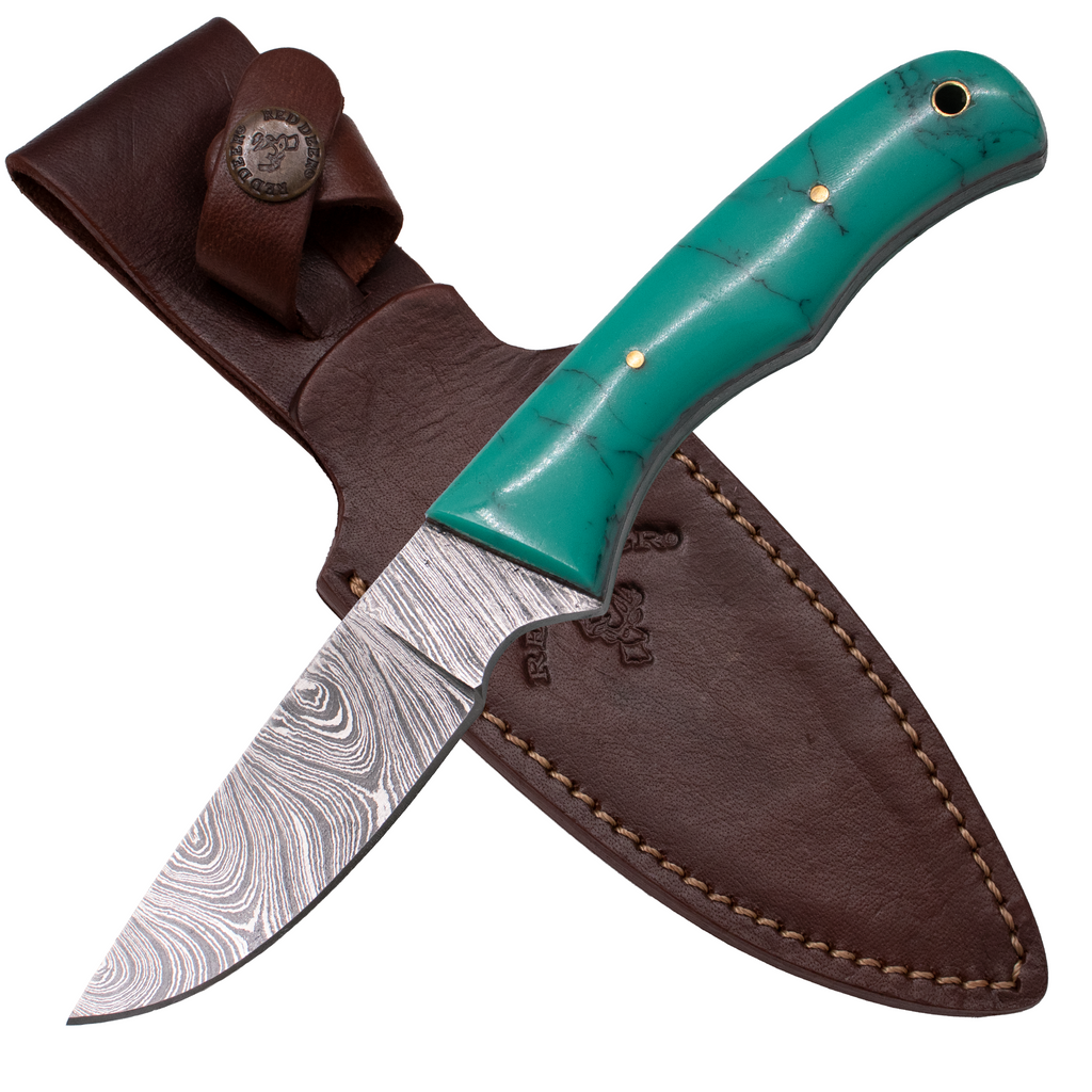 9" Full Tang Damascus Steel Hunting Knife Turquoise Handle - AnyTime Blades