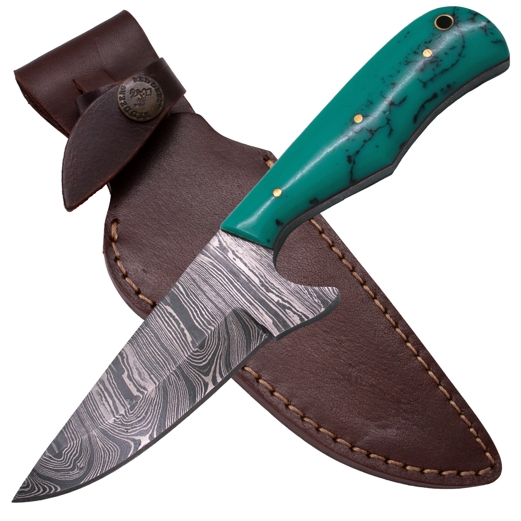 9'' Full Tang Damascus Hunting Knife Micarta Resin Turquoise Handle - AnyTime Blades