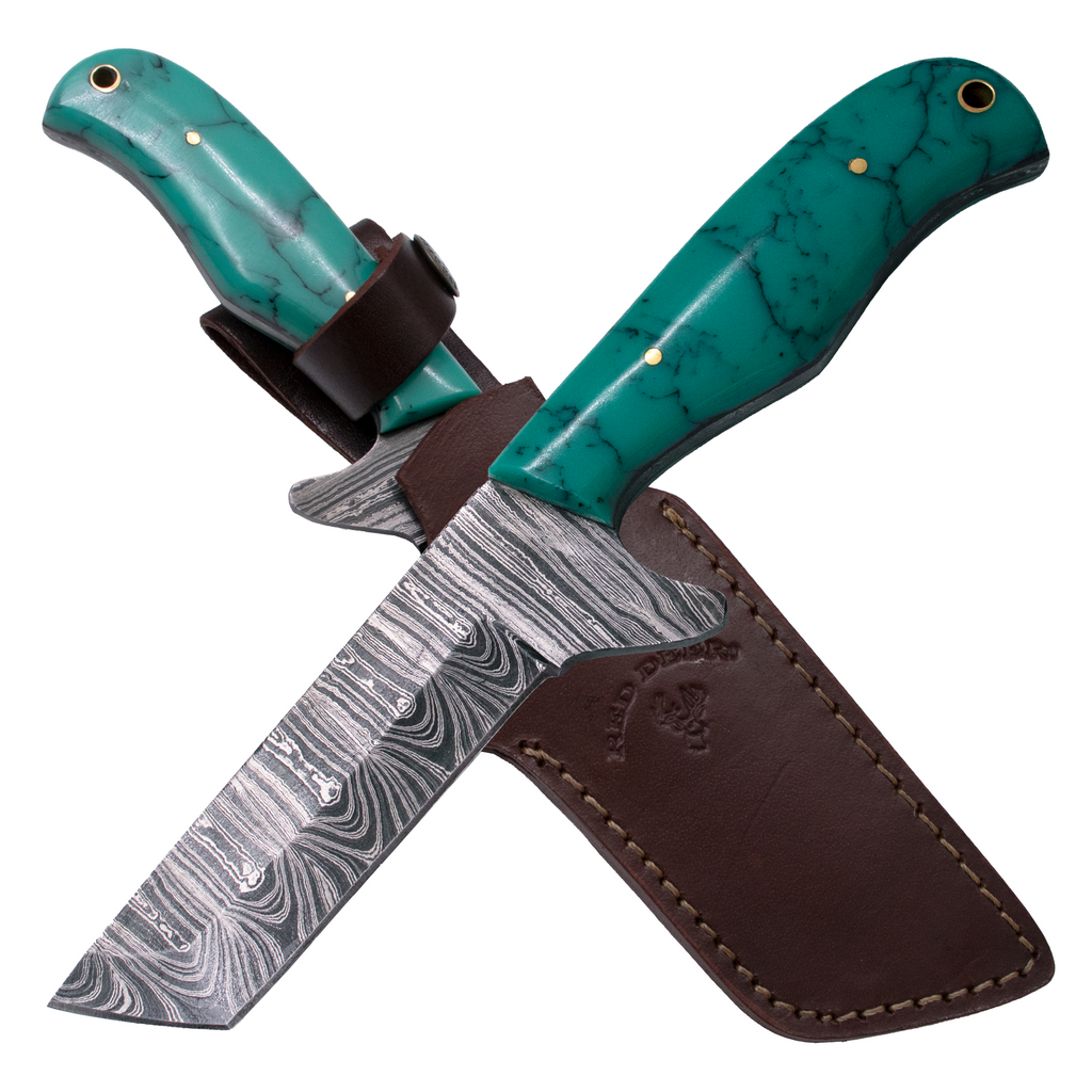 9" Tanto Full Tang Damascus Steel Tanto Knife With Resin Micarta Turquoise Handle - AnyTime Blades