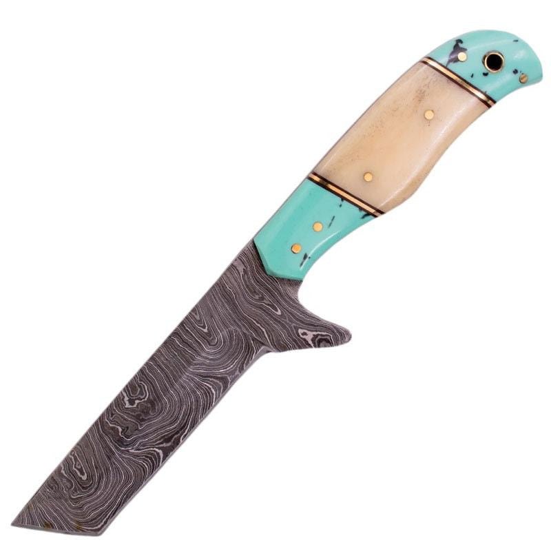 9" Full Tang Damascus Hunting Knife Turquoise and Ivory Bone Handle - AnyTime Blades