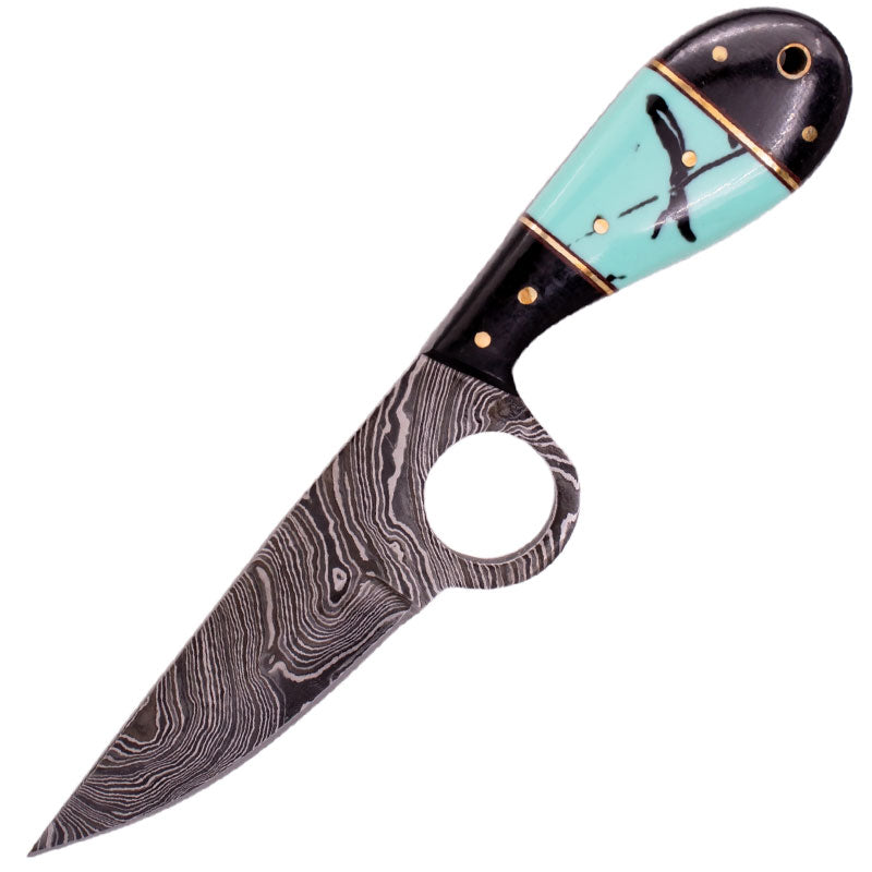 9" Damascus Full Tang Skinning Knife with Turquoise and Black Bone Handle - AnyTime Blades