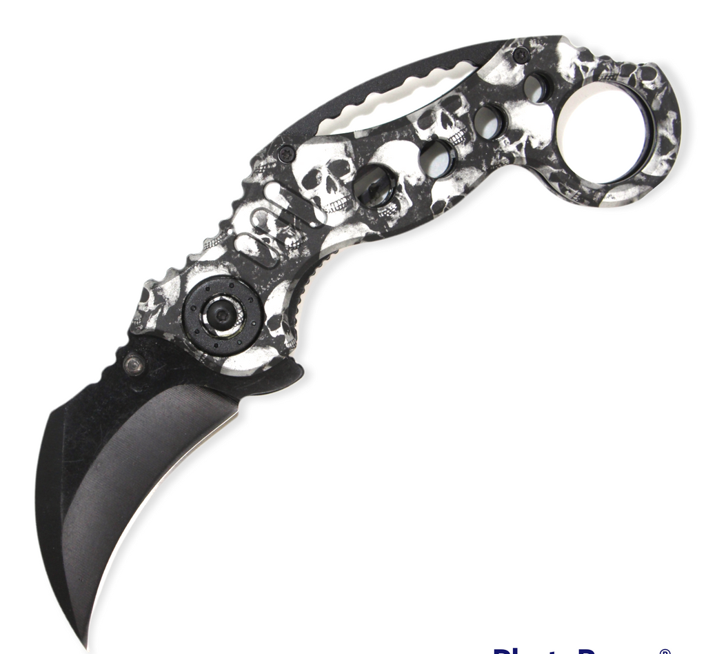 7.5" Assisted Opening Karambit Black and White Skull Cammo - AnyTime Blades