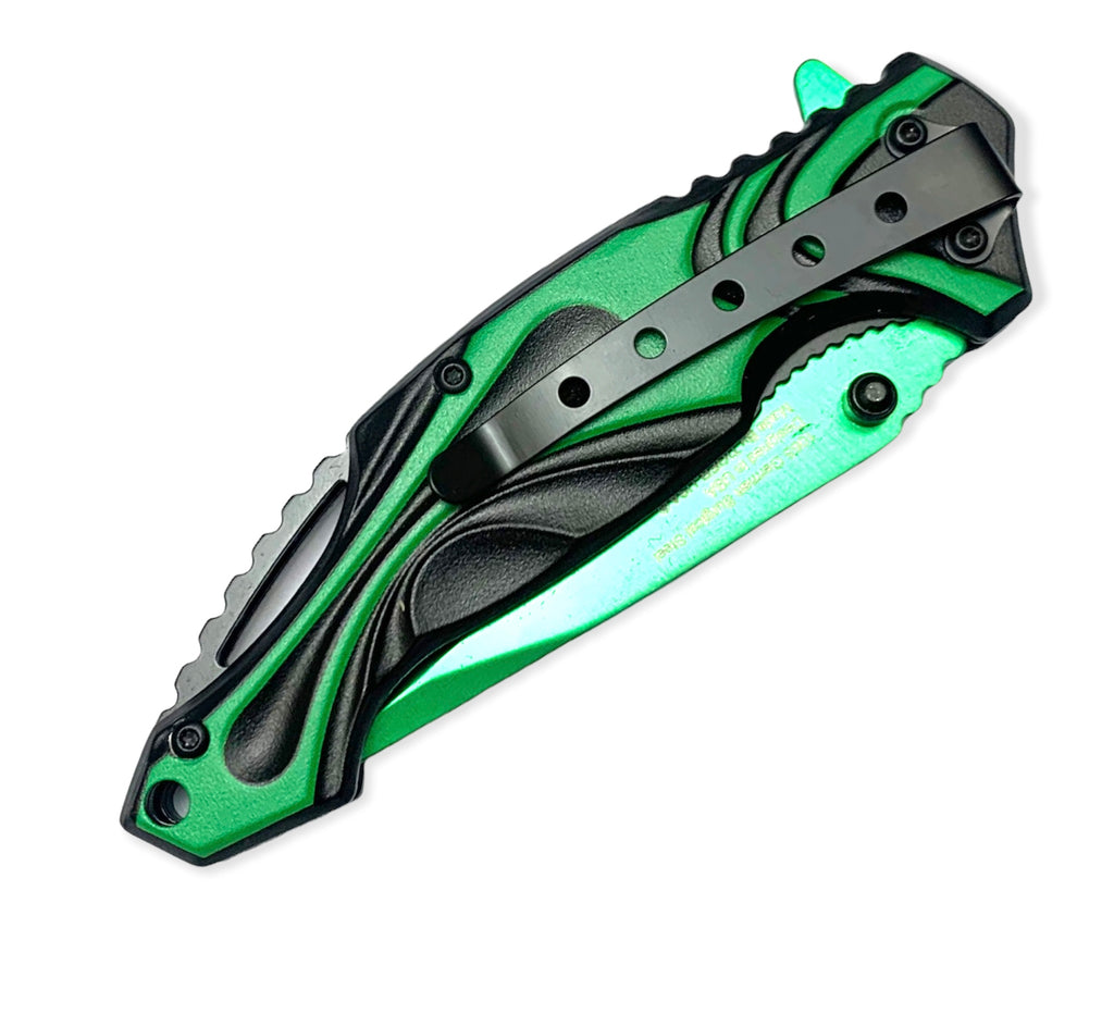 Green Pocket Knife Spring Assisted Opening with Liner Lock and Belt Clip