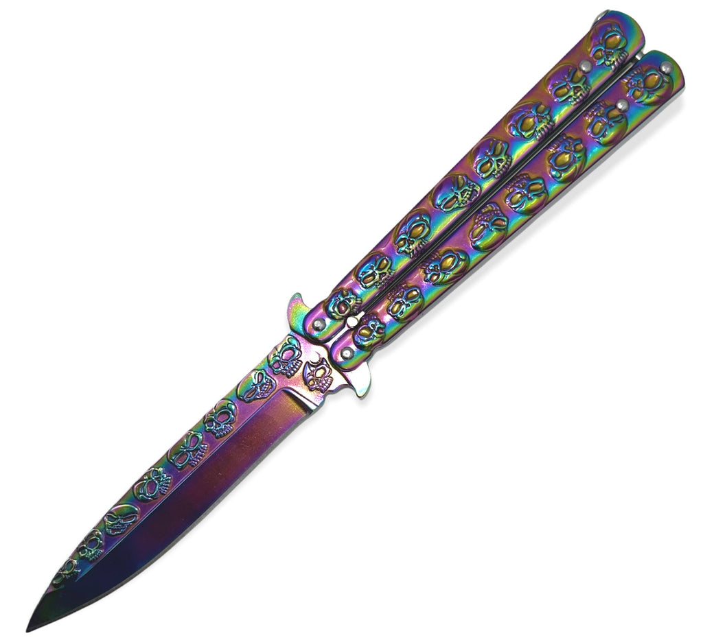 Butterfly Knife with Skulls Available in 4 Colors - AnyTime Blades