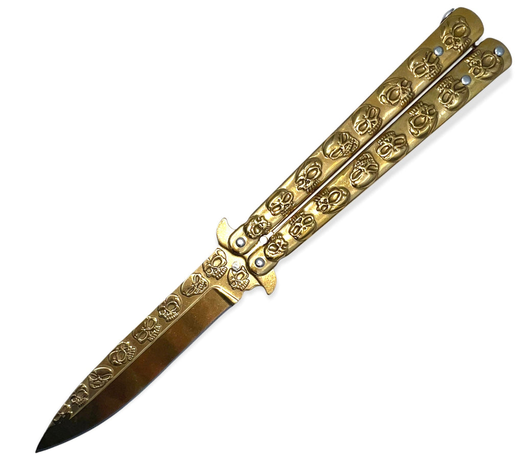 Butterfly Knife with Skulls Available in 4 Colors - AnyTime Blades