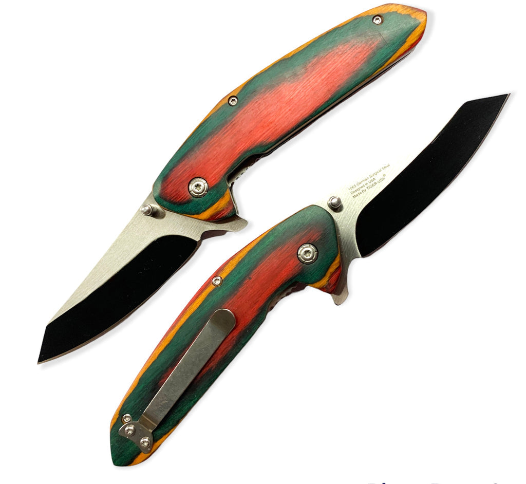Tiger USA Cleaver Pocket Knife BROWN AND GREEN WOOD Folding knife - AnyTime Blades