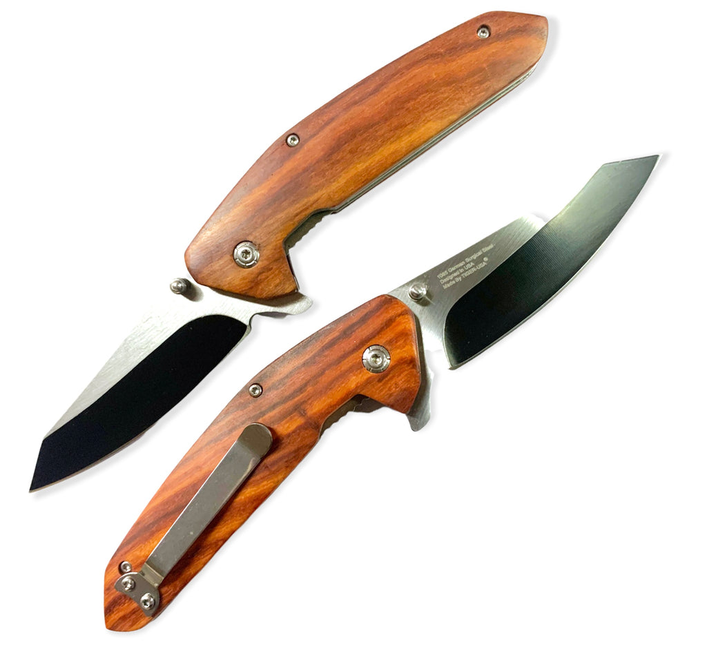 8" Cleaver Spring Assisted EDC Folding Knife Wood - AnyTime Blades