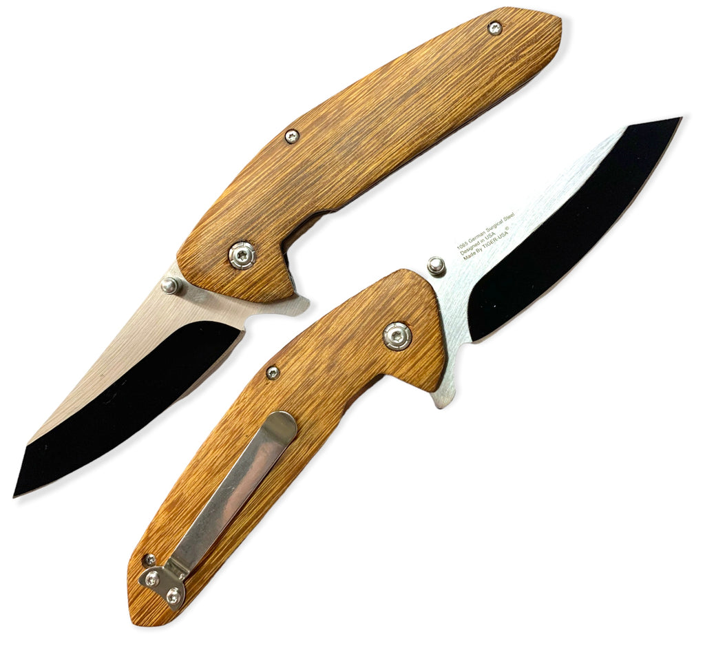 8" Cleaver Spring Assisted EDC Folding Knife Wood - AnyTime Blades