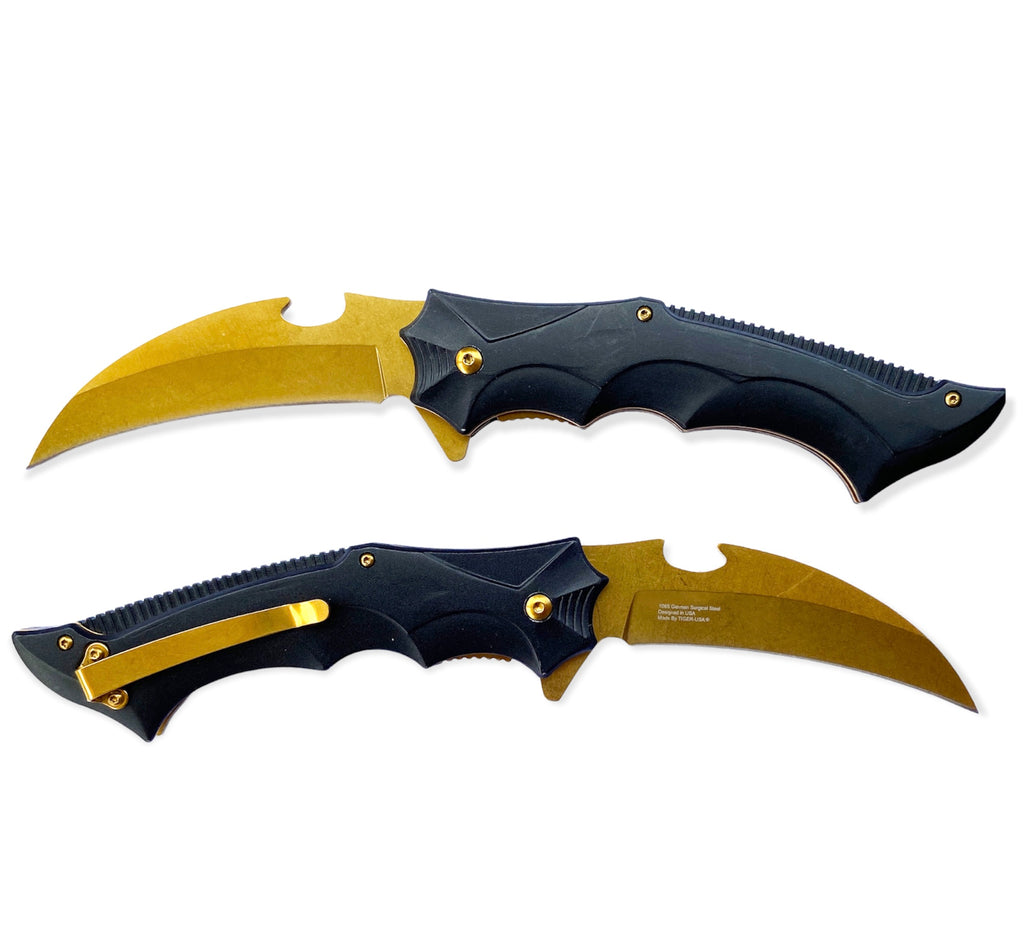 Tiger USA Assisted Opening Black Karambit Knife Gold Blade - AnyTime Blades
