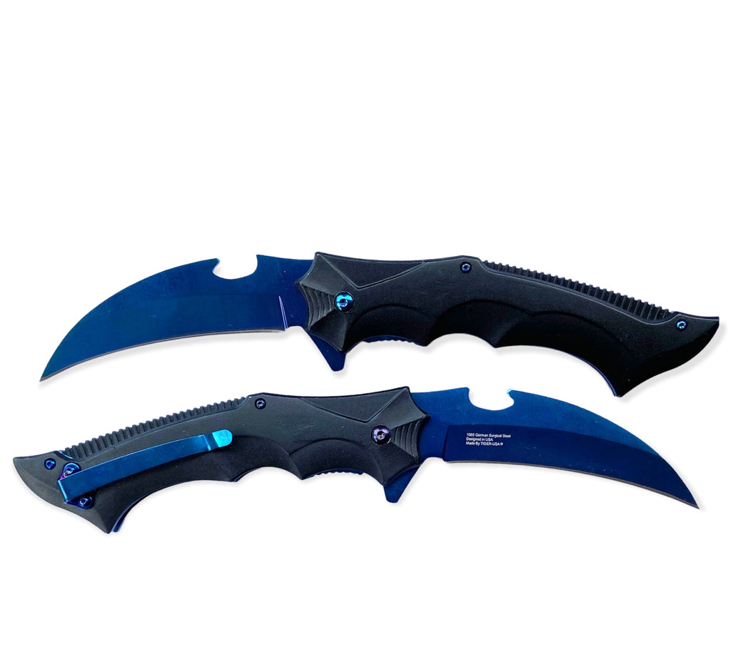 Tiger USA Assisted Opening Black Karambit Knife with Blue Blade - AnyTime Blades