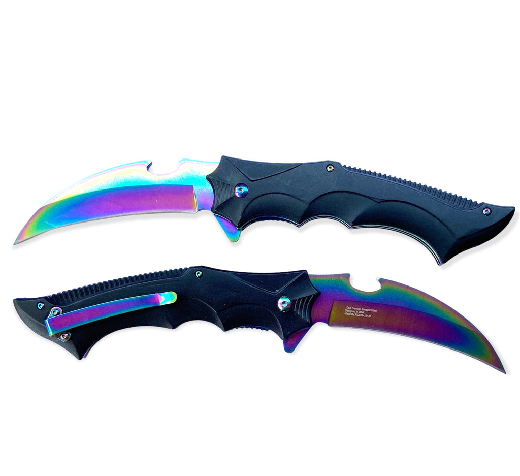 Tiger USA Assisted Opening Black Karambit Knife Rainbow Blade - AnyTime Blades