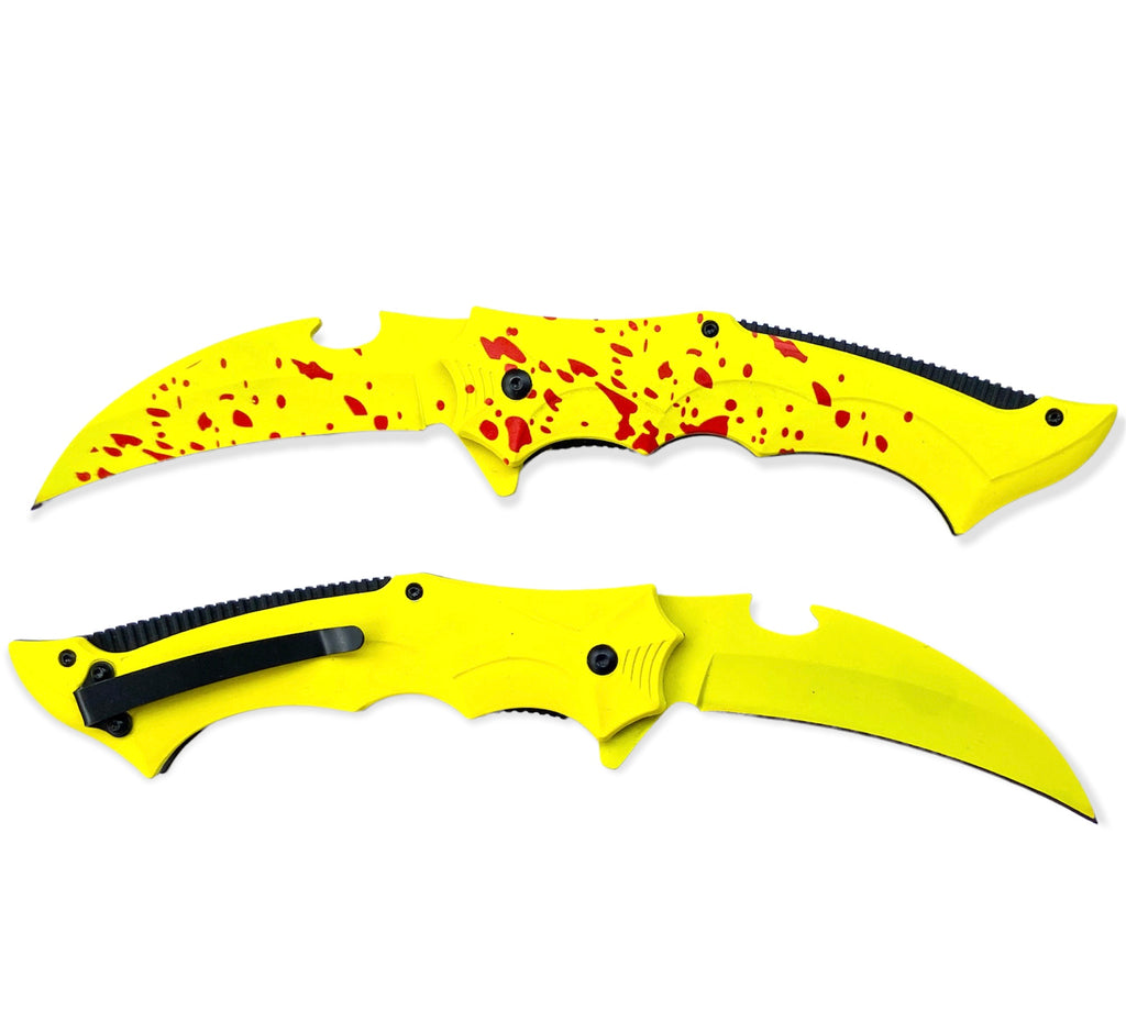 Tiger USA Assisted Opening Black Karambit Knife Yellow Blood Splatter - AnyTime Blades