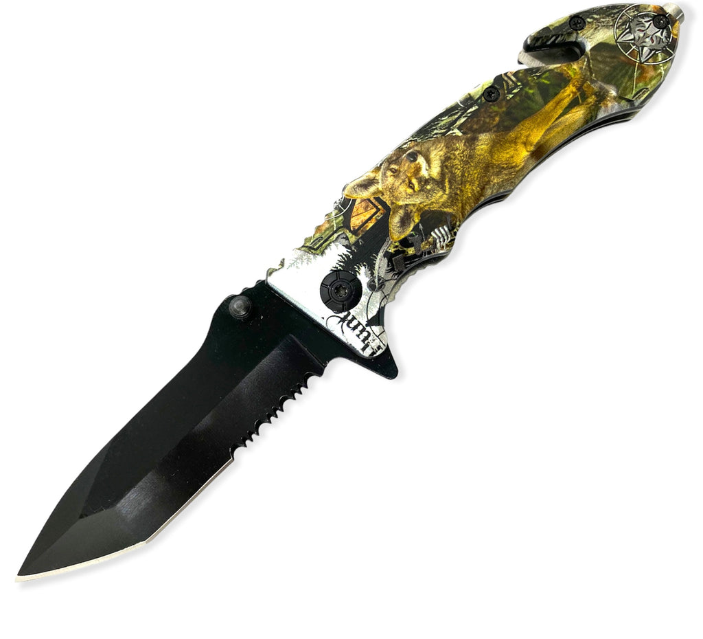 Tiger USA Spring Assisted Brown 3D Printed Wolf Pocket Knife Half Serrated Tanto Blade - AnyTime Blades