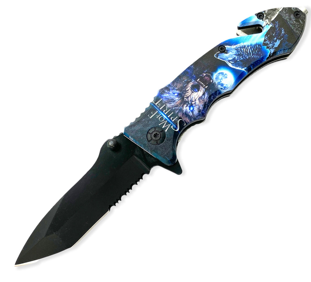 Tiger USA Spring Assisted Brown 3D Spirit Wolf Pocket Knife Half Serrated Tanto Blade - AnyTime Blades