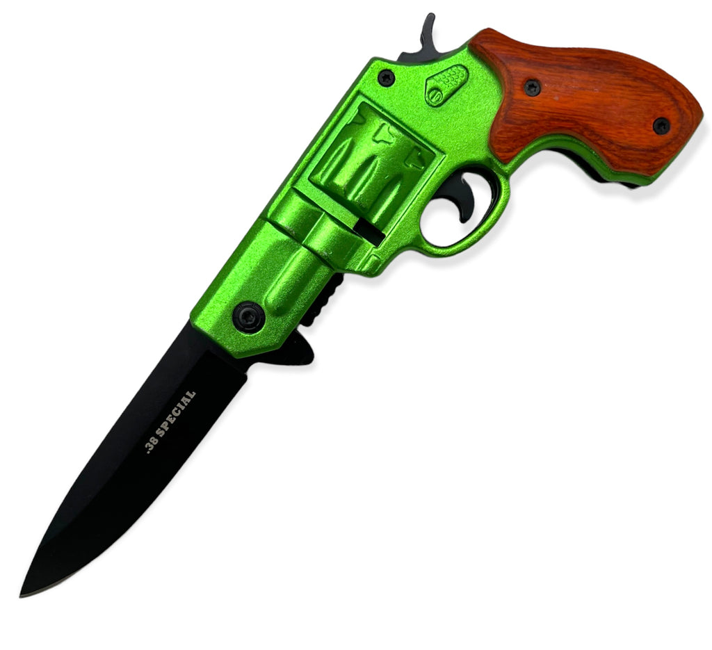 7.5" Spring Assisted 38 Special HAND GUN Pistol REVOLVER Folding Pocket Knife - Green - AnyTime Blades