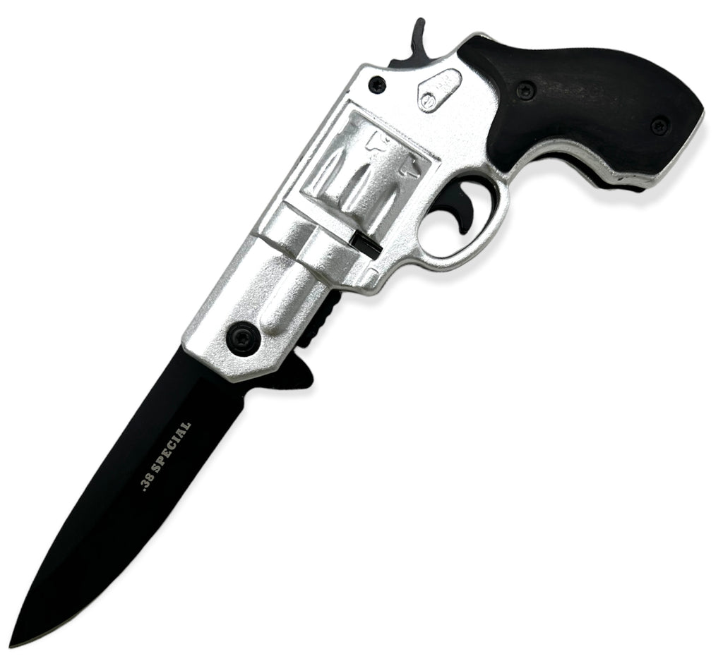 7.5" Spring Assisted 38 Special HAND GUN Pistol REVOLVER Folding Pocket Knife - Silver and Black - AnyTime Blades