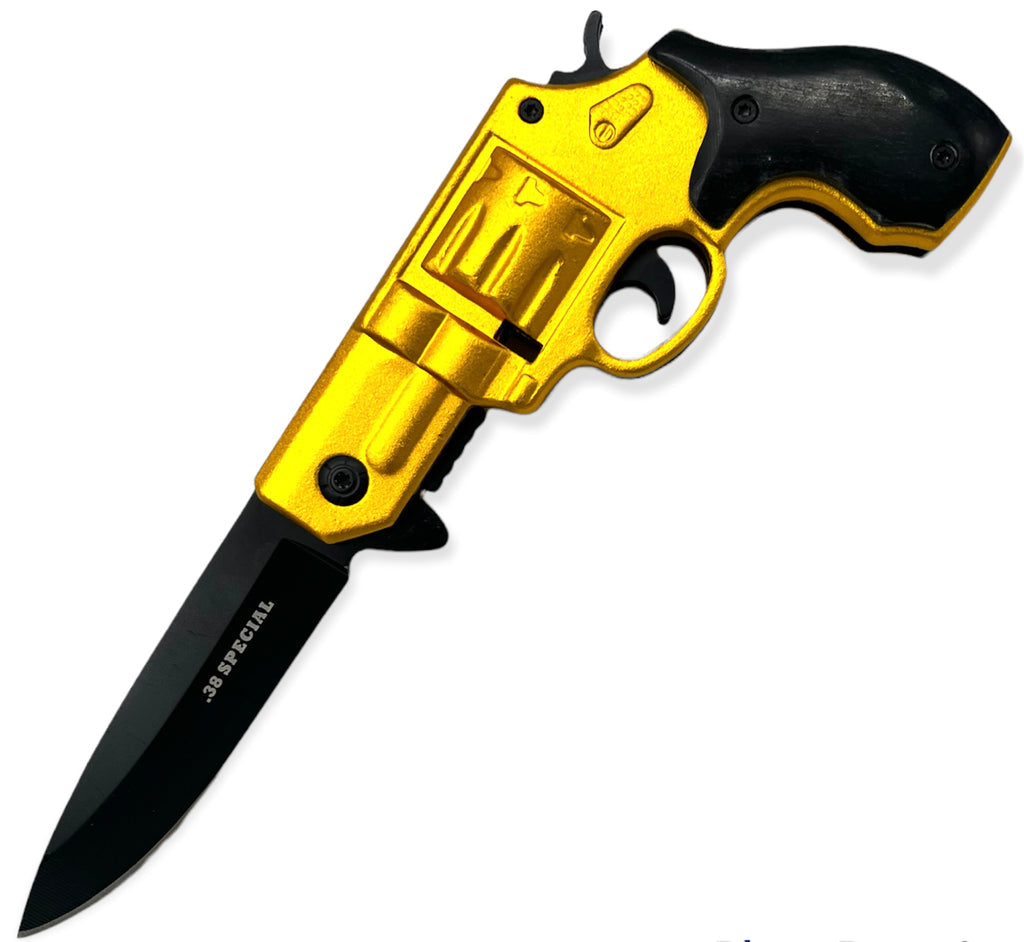 7.5" Spring Assisted 38 Special HAND GUN Pistol REVOLVER Folding Pocket Knife - Gold and Black - AnyTime Blades
