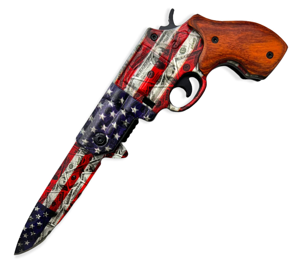 7.5" Spring Assisted 38 Special HAND GUN Pistol REVOLVER Folding Pocket Knife - American Flag - AnyTime Blades