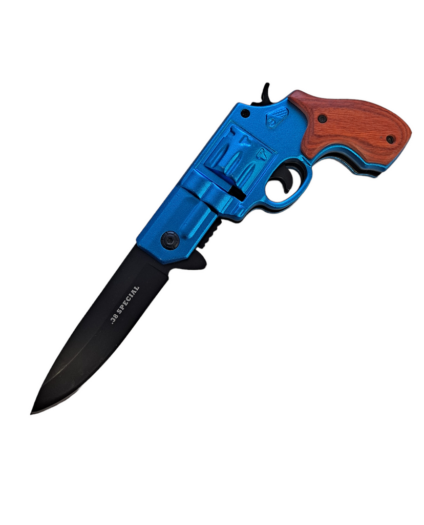 7.5" Spring Assisted 38 Special HAND GUN Pistol REVOLVER Folding Pocket Knife - Blue - AnyTime Blades