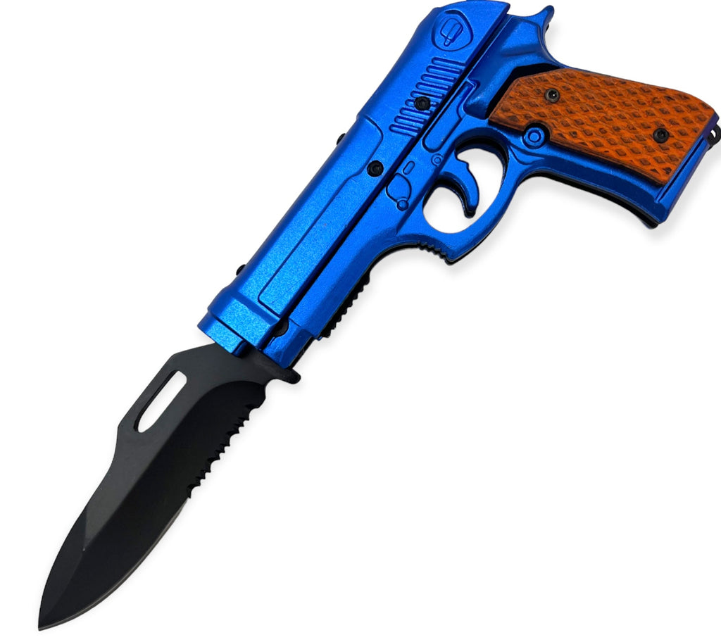 8" Blue Cock and Lock Pistol Pocket Knife - AnyTime Blades